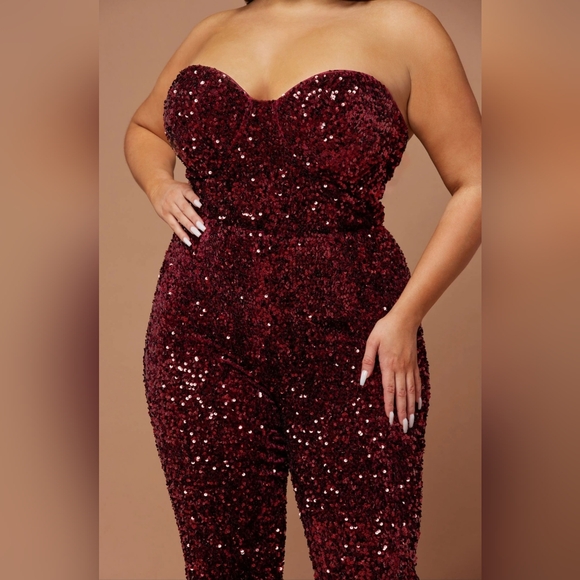 Fashion Nova Isabeli Sequin Jumpsuit Burgundy 1X - Picture 3 of 7